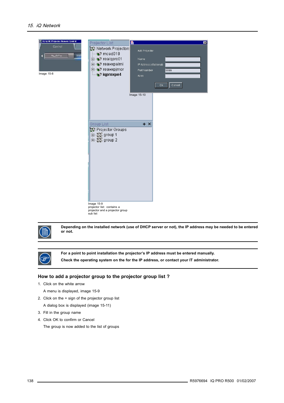 Image 15-8), Image 15-9), Image 15-10) | Iq network | Barco R500 User Manual | Page 144 / 195