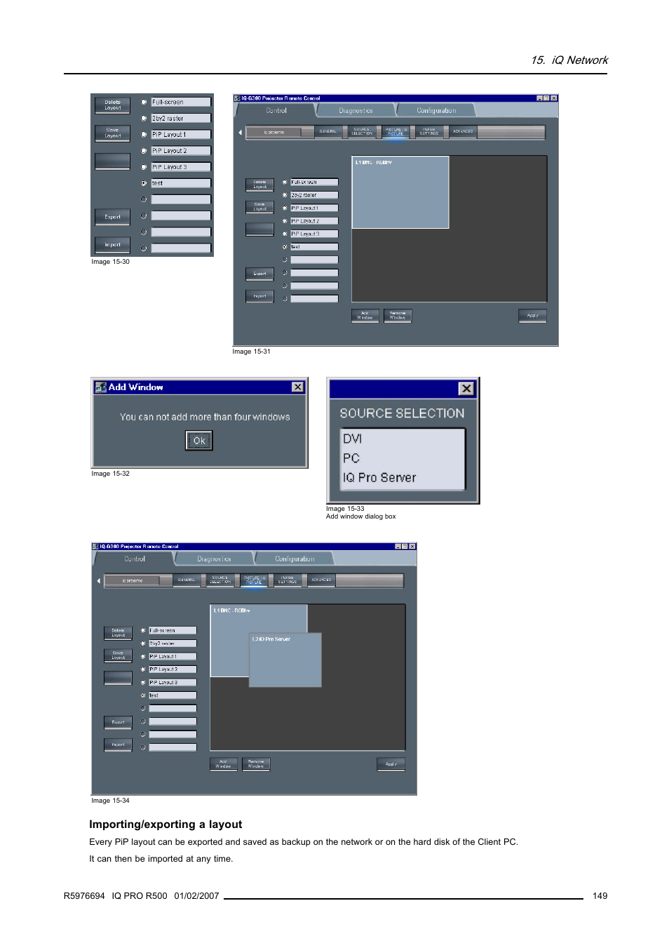 Image 15-30), Image 15-31), Image 15-32 | Image 15-33), Image 15-34, Iq network, Importing/exporting a layout | Barco R500 User Manual | Page 155 / 195