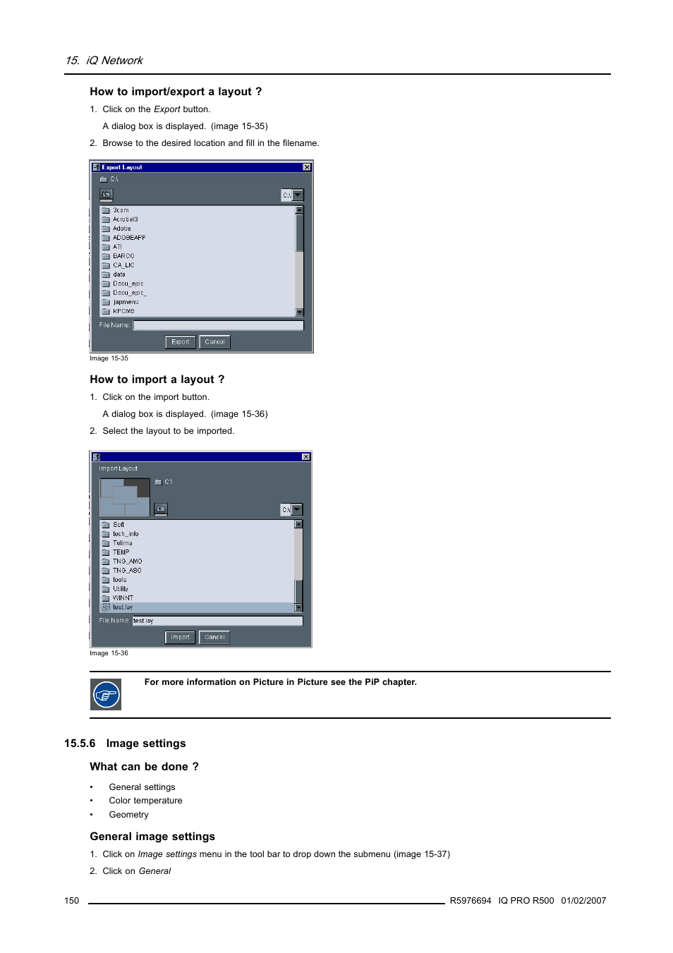 6 image settings, Image settings, Iq network | Barco R500 User Manual | Page 156 / 195