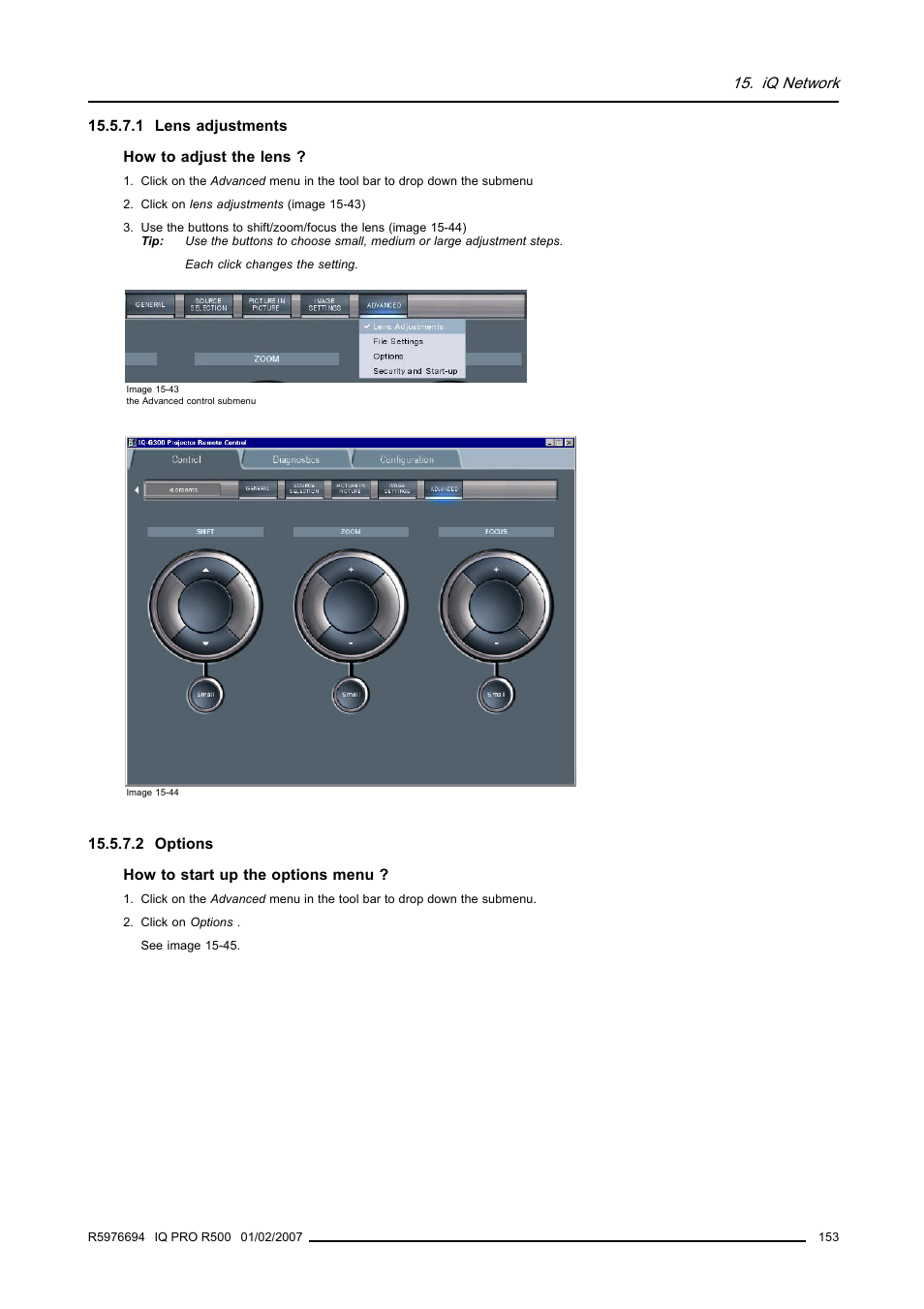 1 lens adjustments, 2 options, 153 15.5.7.2 options | Lens adjustments, Options | Barco R500 User Manual | Page 159 / 195
