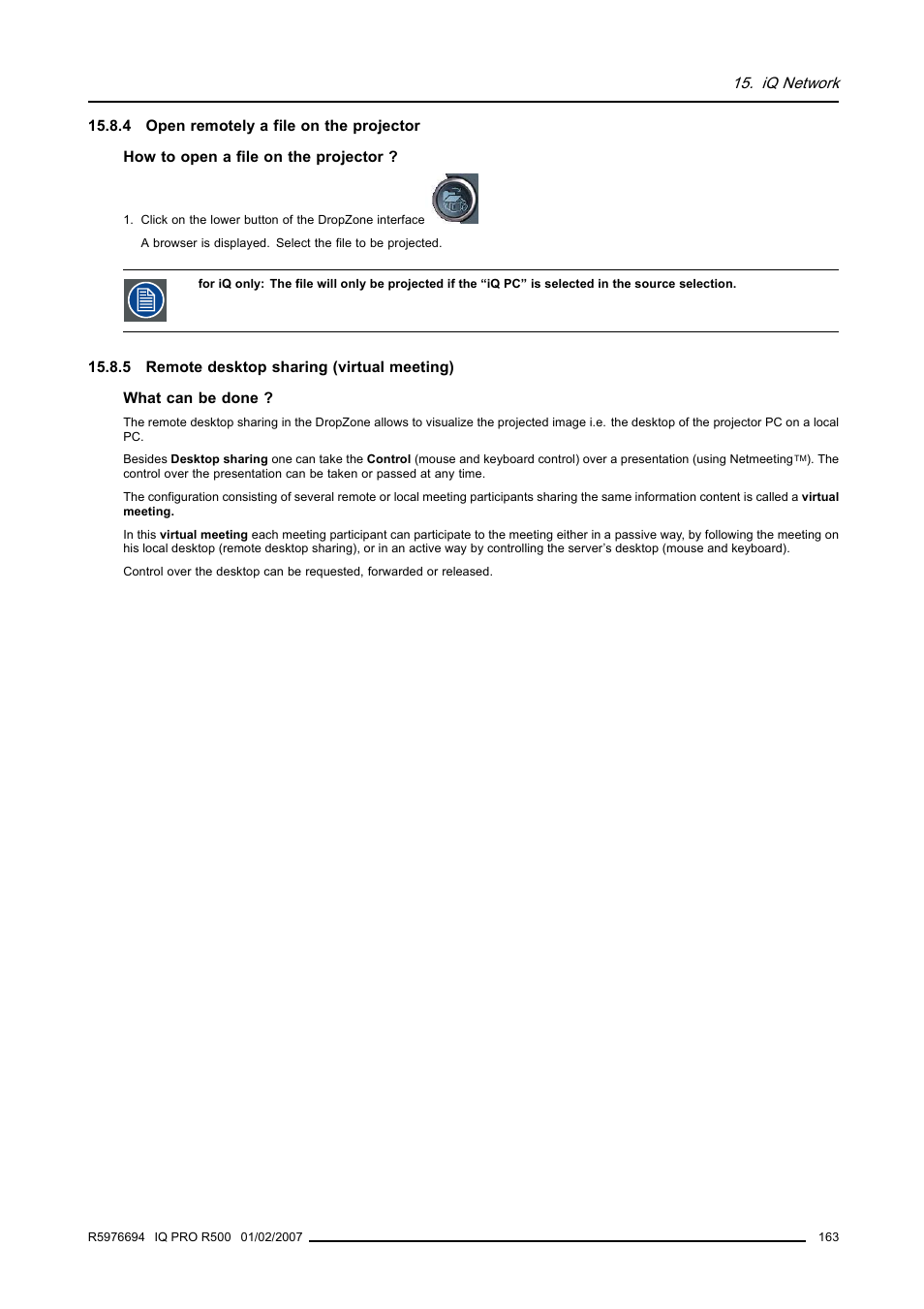 4 open remotely a file on the projector, 5 remote desktop sharing (virtual meeting) | Barco R500 User Manual | Page 169 / 195