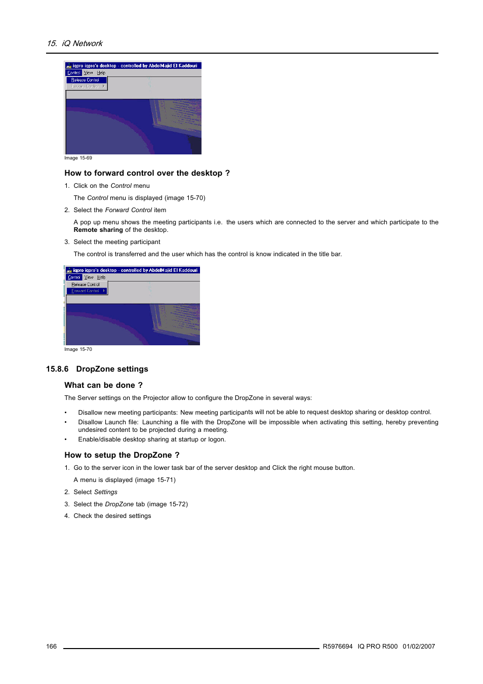 6 dropzone settings, Iq network | Barco R500 User Manual | Page 172 / 195