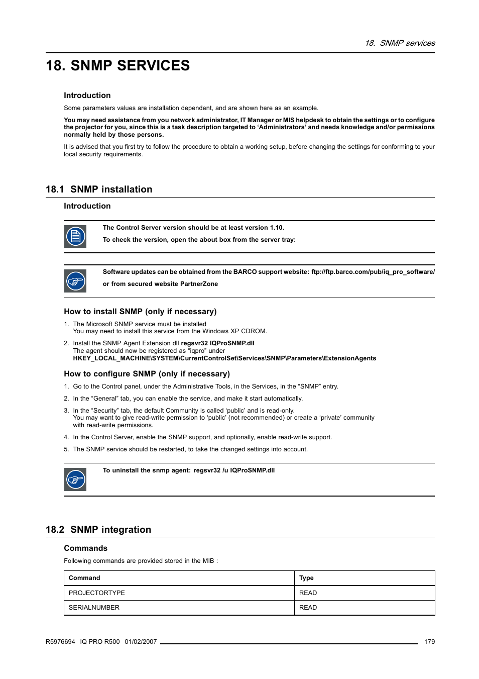 Snmp services, 1 snmp installation, 2 snmp integration | 179 18.2 snmp integration | Barco R500 User Manual | Page 185 / 195
