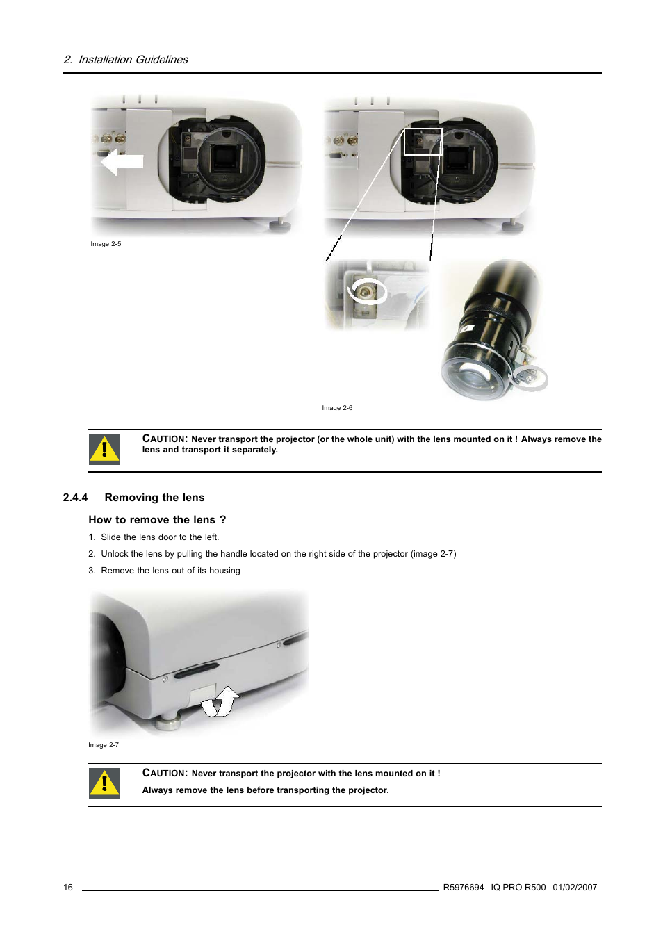 4 removing the lens, Removing the lens | Barco R500 User Manual | Page 22 / 195