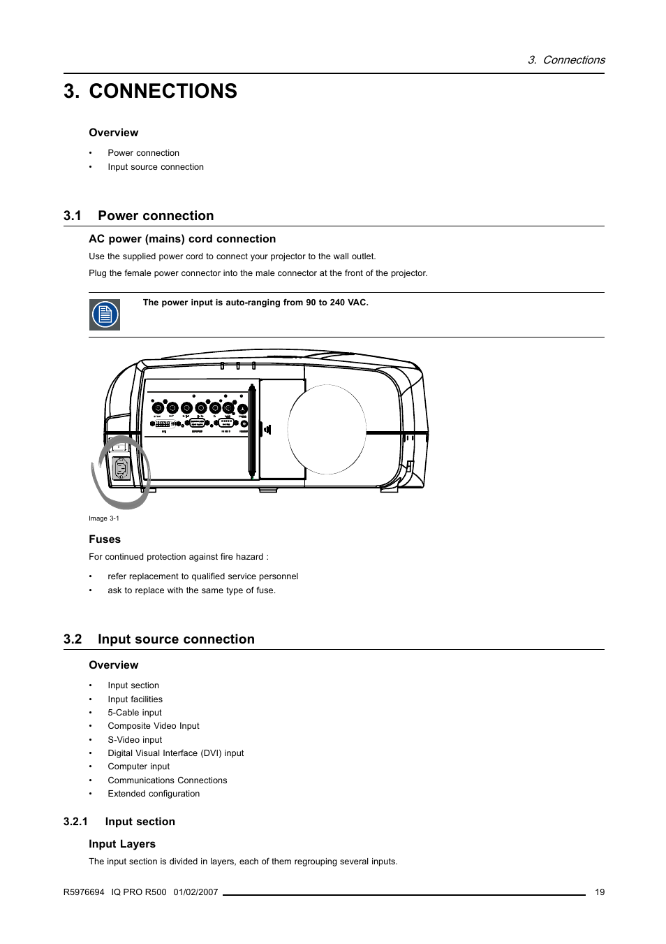 Connections, 1 power connection, 2 input source connection | 1 input section, Power connection, Input source connection, Input section | Barco R500 User Manual | Page 25 / 195