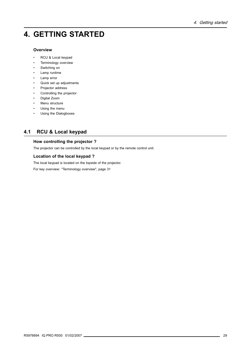 Getting started, 1 rcu & local keypad, Rcu & local keypad | Barco R500 User Manual | Page 35 / 195