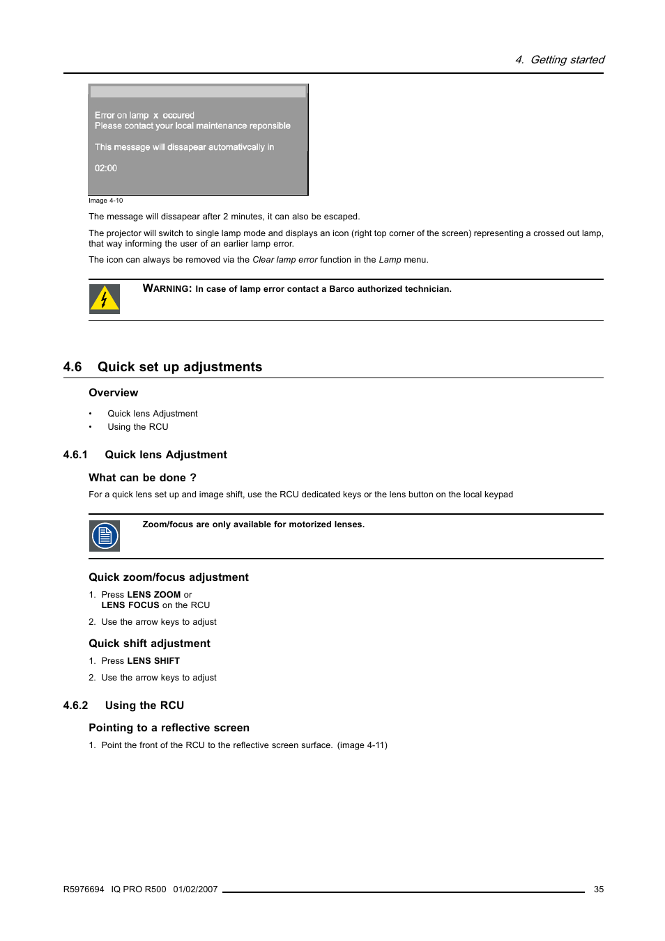 6 quick set up adjustments, 1 quick lens adjustment, 2 using the rcu | Quick set up adjustments, Quick lens adjustment, Using the rcu | Barco R500 User Manual | Page 41 / 195