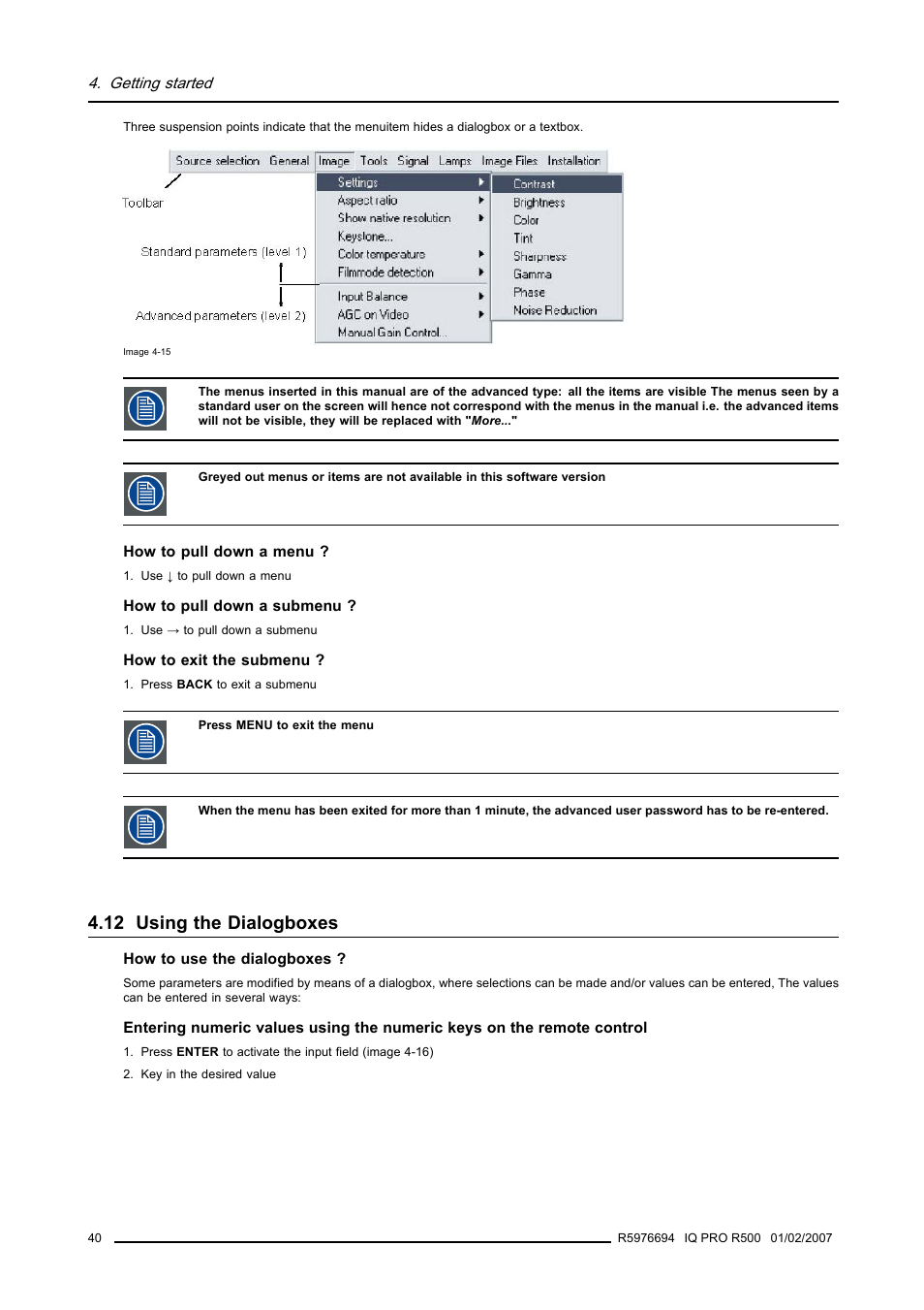 12 using the dialogboxes, Using the dialogboxes | Barco R500 User Manual | Page 46 / 195
