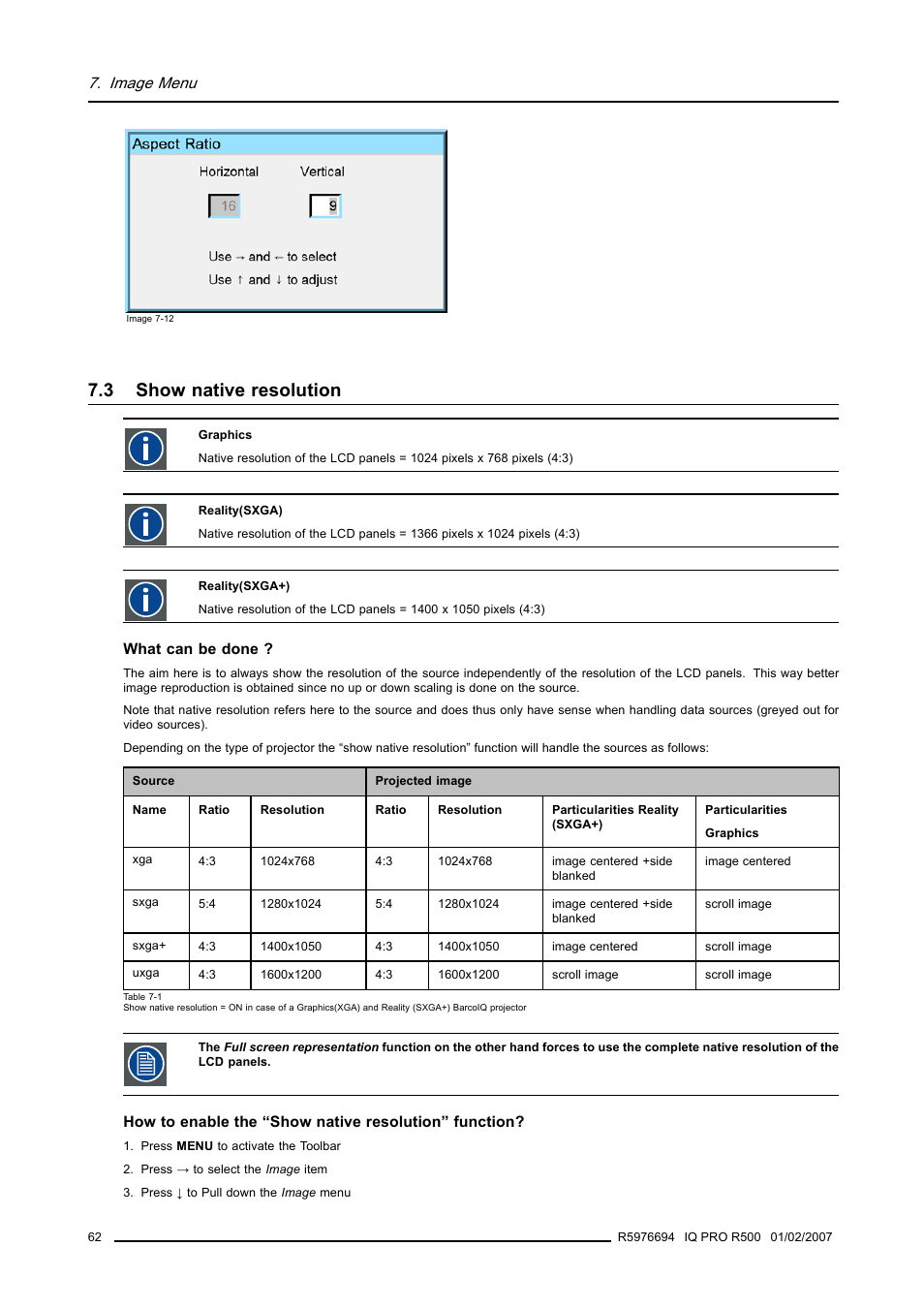 3 show native resolution, Show native resolution, Image menu | Barco R500 User Manual | Page 68 / 195
