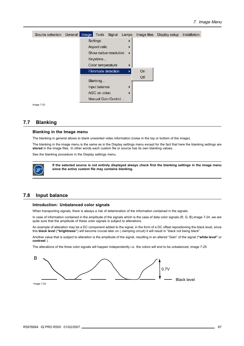 7 blanking, 8 input balance, Blanking | Input balance | Barco R500 User Manual | Page 73 / 195