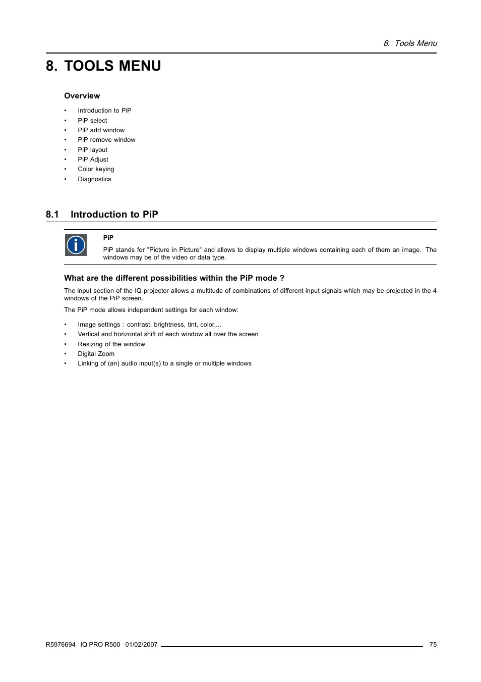 Tools menu, 1 introduction to pip, Introduction to pip | Barco R500 User Manual | Page 81 / 195