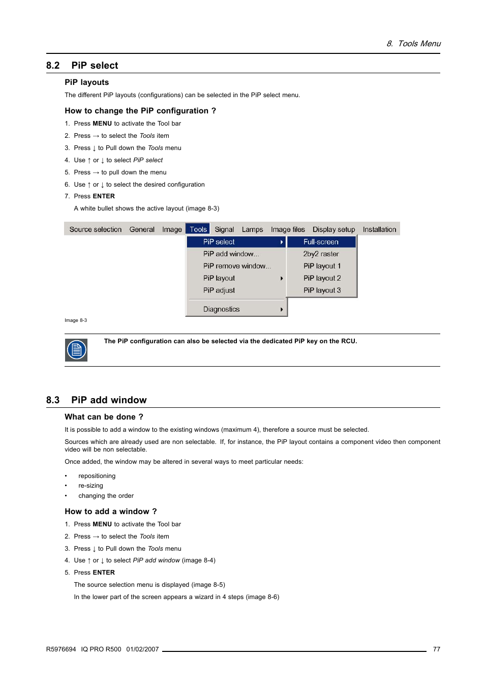 2 pip select, 3 pip add window, Pip select | Pip add window | Barco R500 User Manual | Page 83 / 195