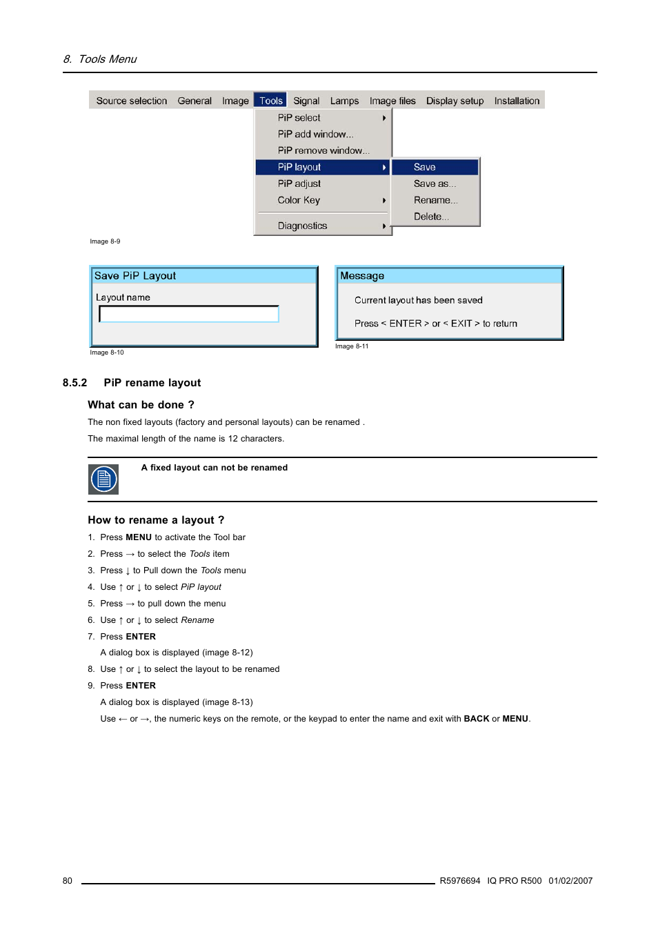 2 pip rename layout, Pip rename layout, Image 8-9) | Image 8-10), Image 8-11, Tools menu | Barco R500 User Manual | Page 86 / 195