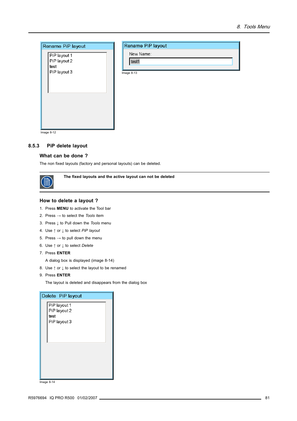 3 pip delete layout, Pip delete layout, Tools menu | Barco R500 User Manual | Page 87 / 195