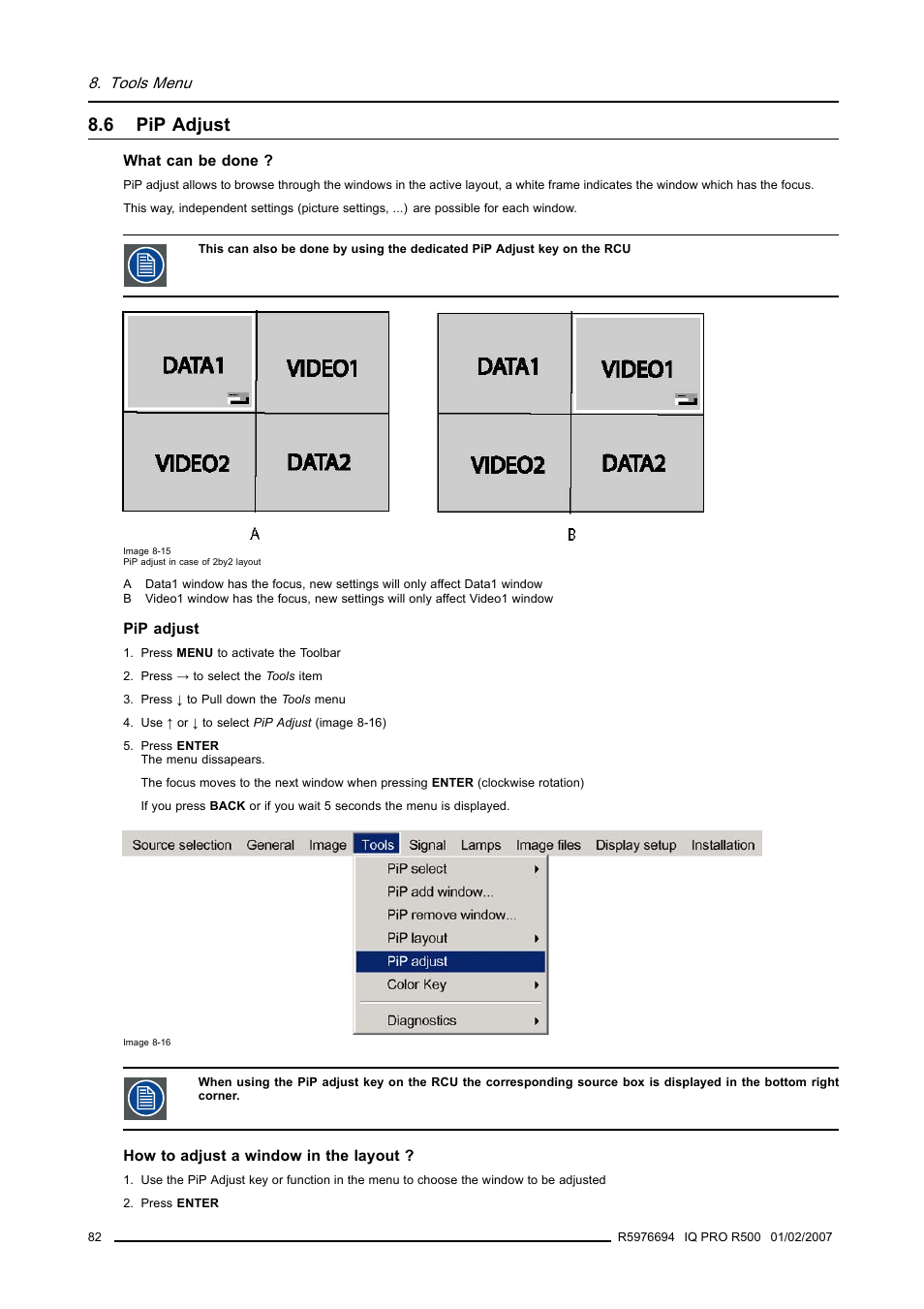 6 pip adjust, Pip adjust | Barco R500 User Manual | Page 88 / 195