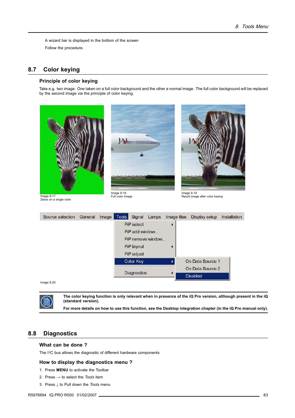 7 color keying, 8 diagnostics, Color keying | Diagnostics | Barco R500 User Manual | Page 89 / 195