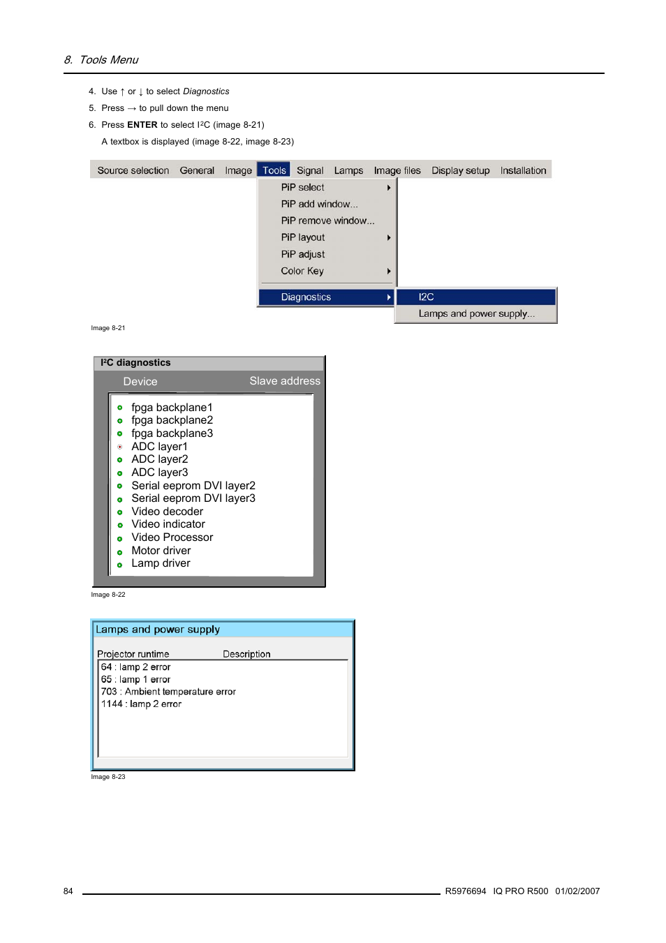 Tools menu | Barco R500 User Manual | Page 90 / 195