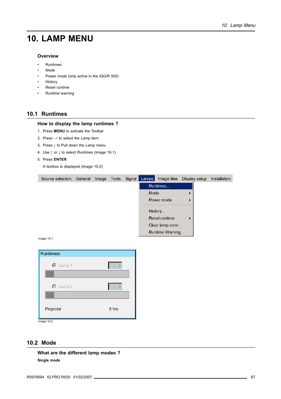 Lamp menu, 1 runtimes, 2 mode | 87 10.2 mode | Barco R500 User Manual | Page 93 / 195