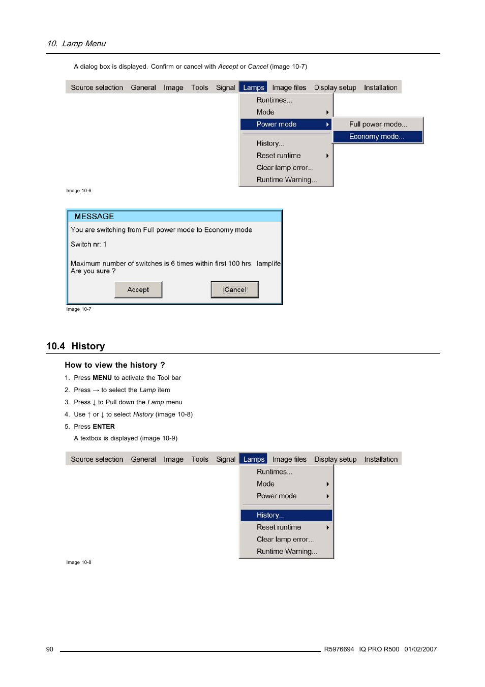 4 history, History, Lamp menu | Barco R500 User Manual | Page 96 / 195