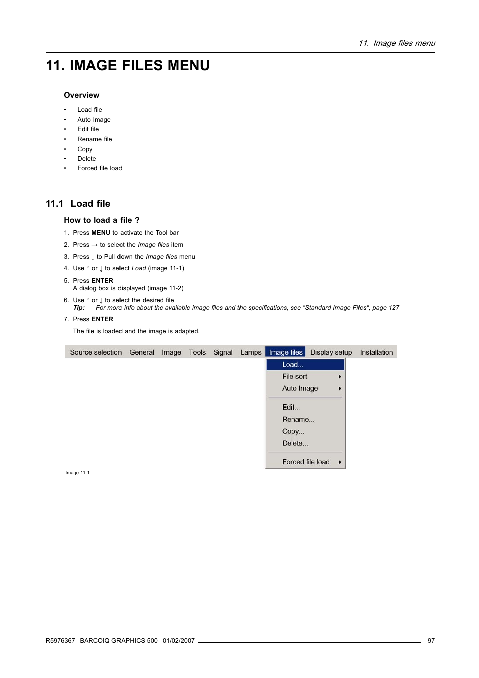Image files menu, 1 load file | Barco GRAPHICS 500 R9002930 User Manual | Page 101 / 143