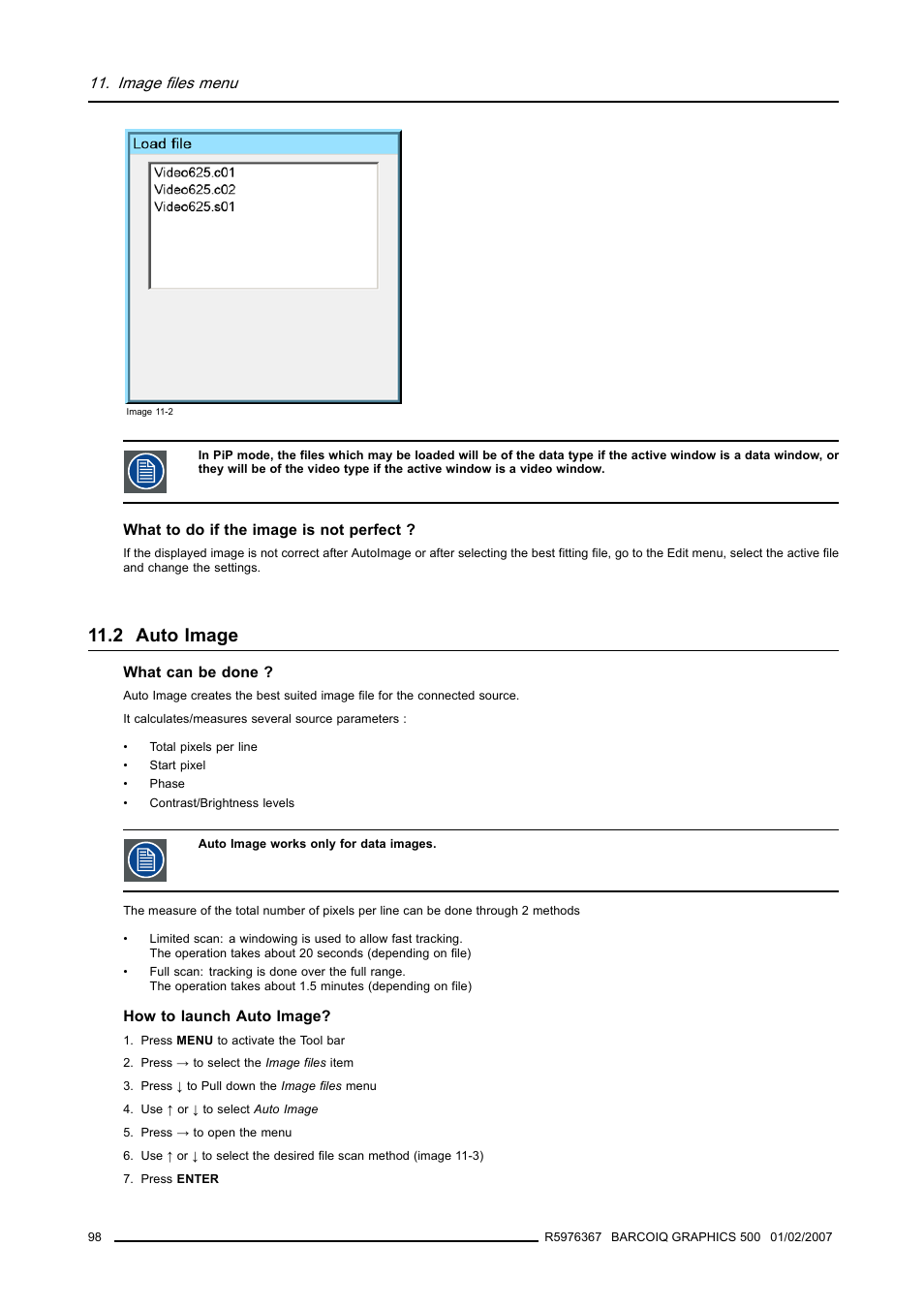 2 auto image, Auto image, Image 11-2 | Image files menu | Barco GRAPHICS 500 R9002930 User Manual | Page 102 / 143