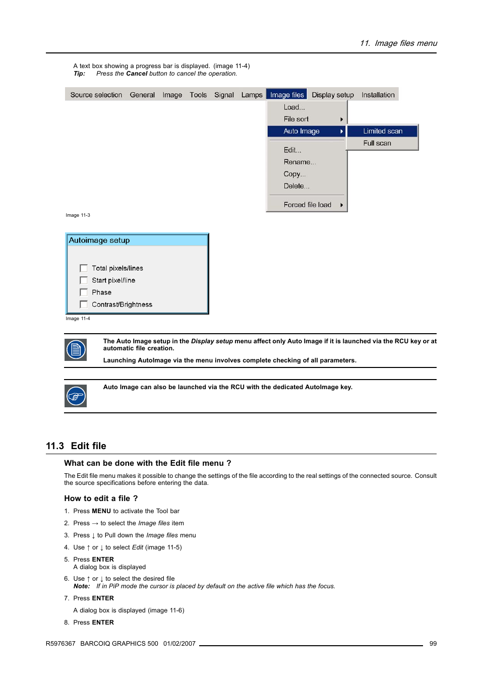 3 edit file, Edit file, Image files menu | Barco GRAPHICS 500 R9002930 User Manual | Page 103 / 143