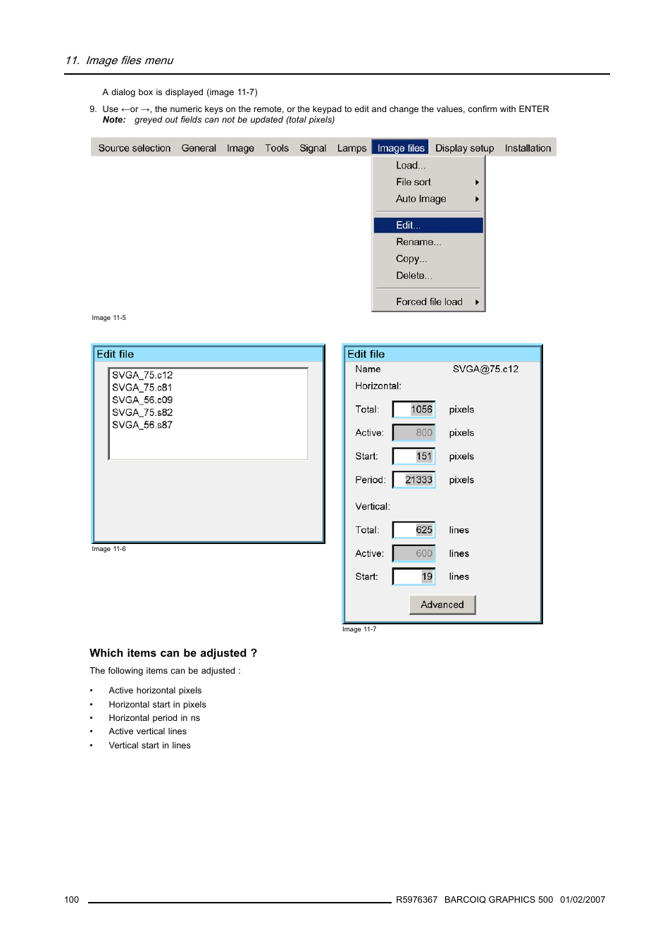 Image files menu | Barco GRAPHICS 500 R9002930 User Manual | Page 104 / 143