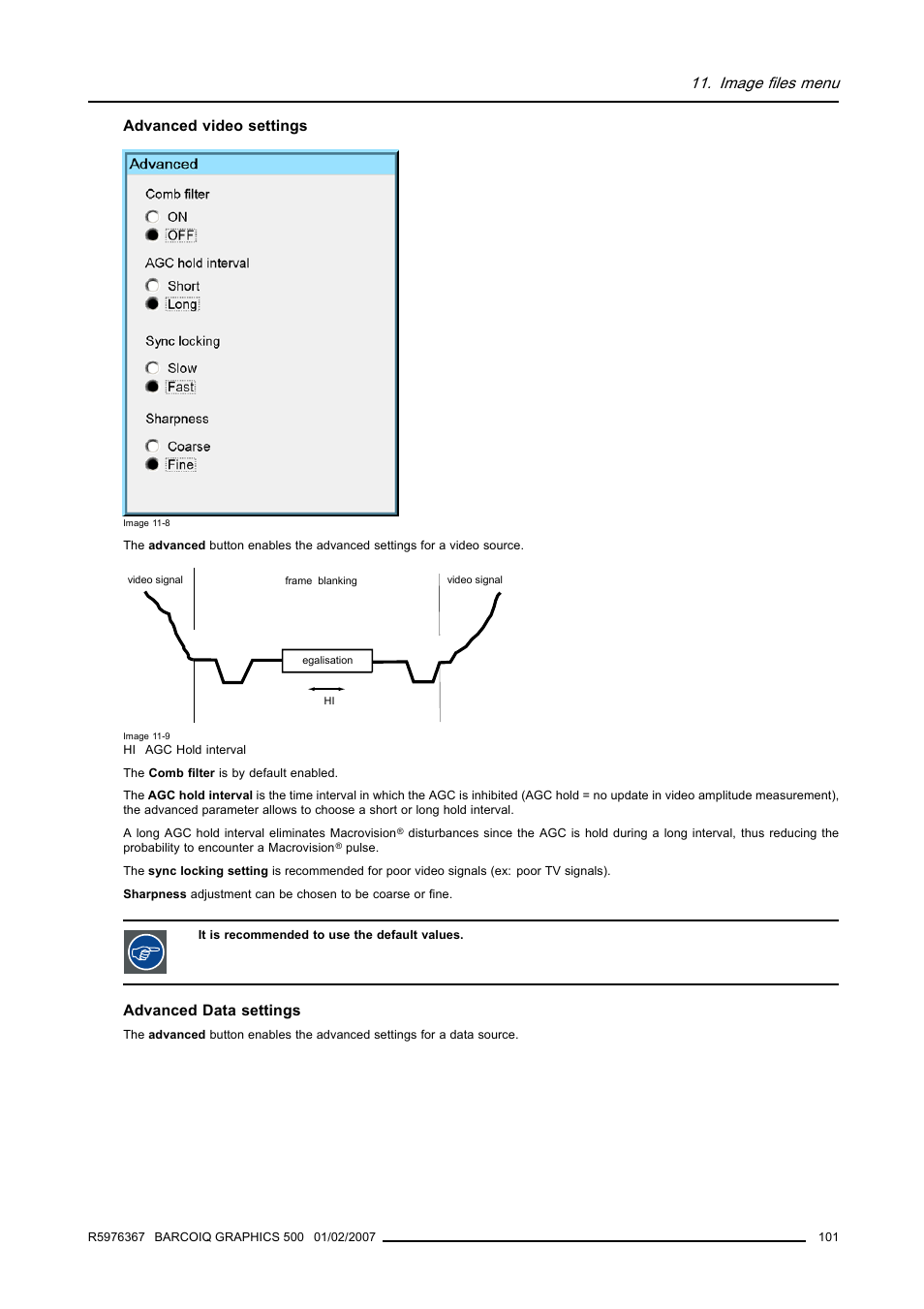 Image files menu, Advanced video settings, Advanced data settings | Barco GRAPHICS 500 R9002930 User Manual | Page 105 / 143