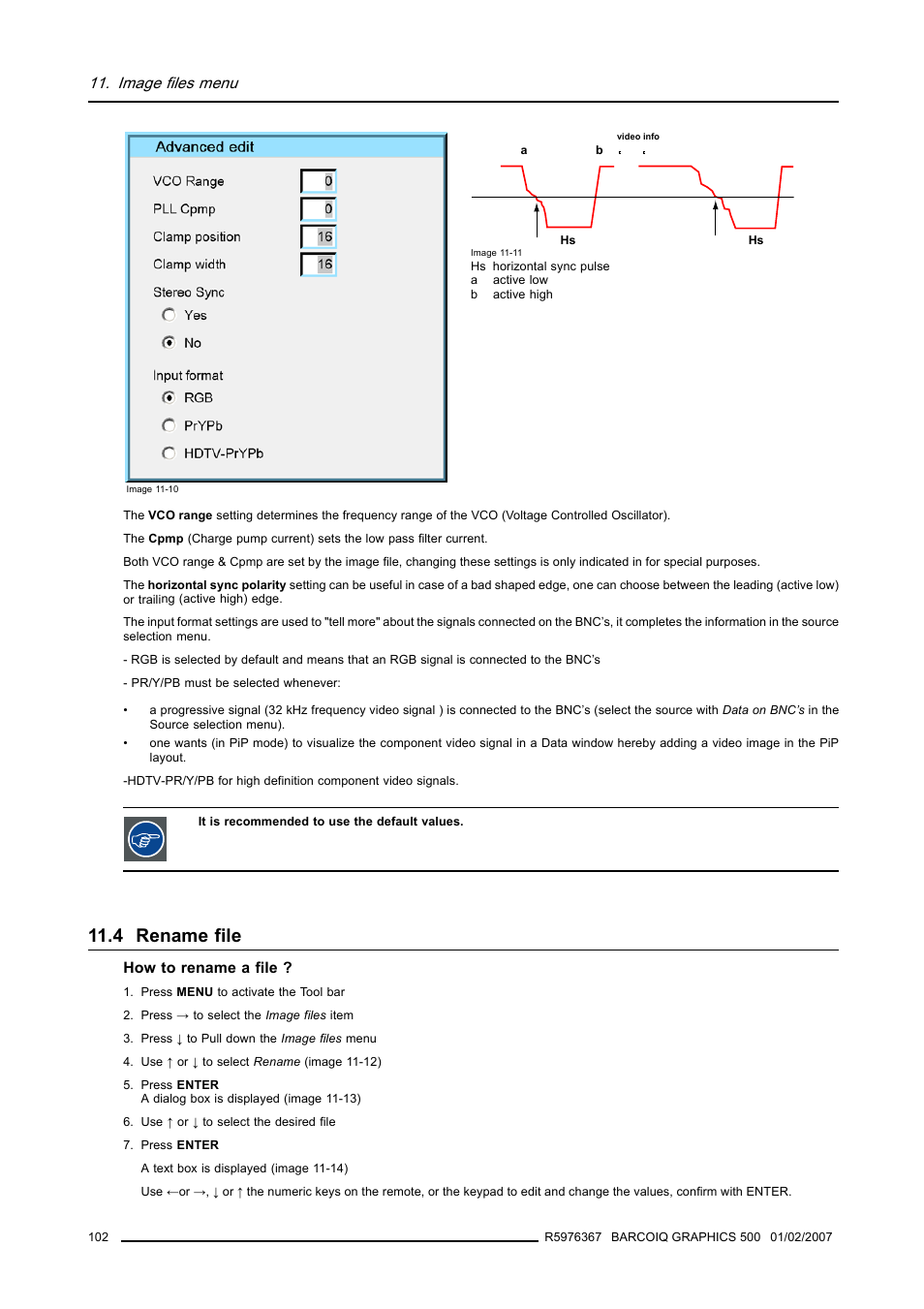 4 rename file, Rename file, Image files menu | Barco GRAPHICS 500 R9002930 User Manual | Page 106 / 143
