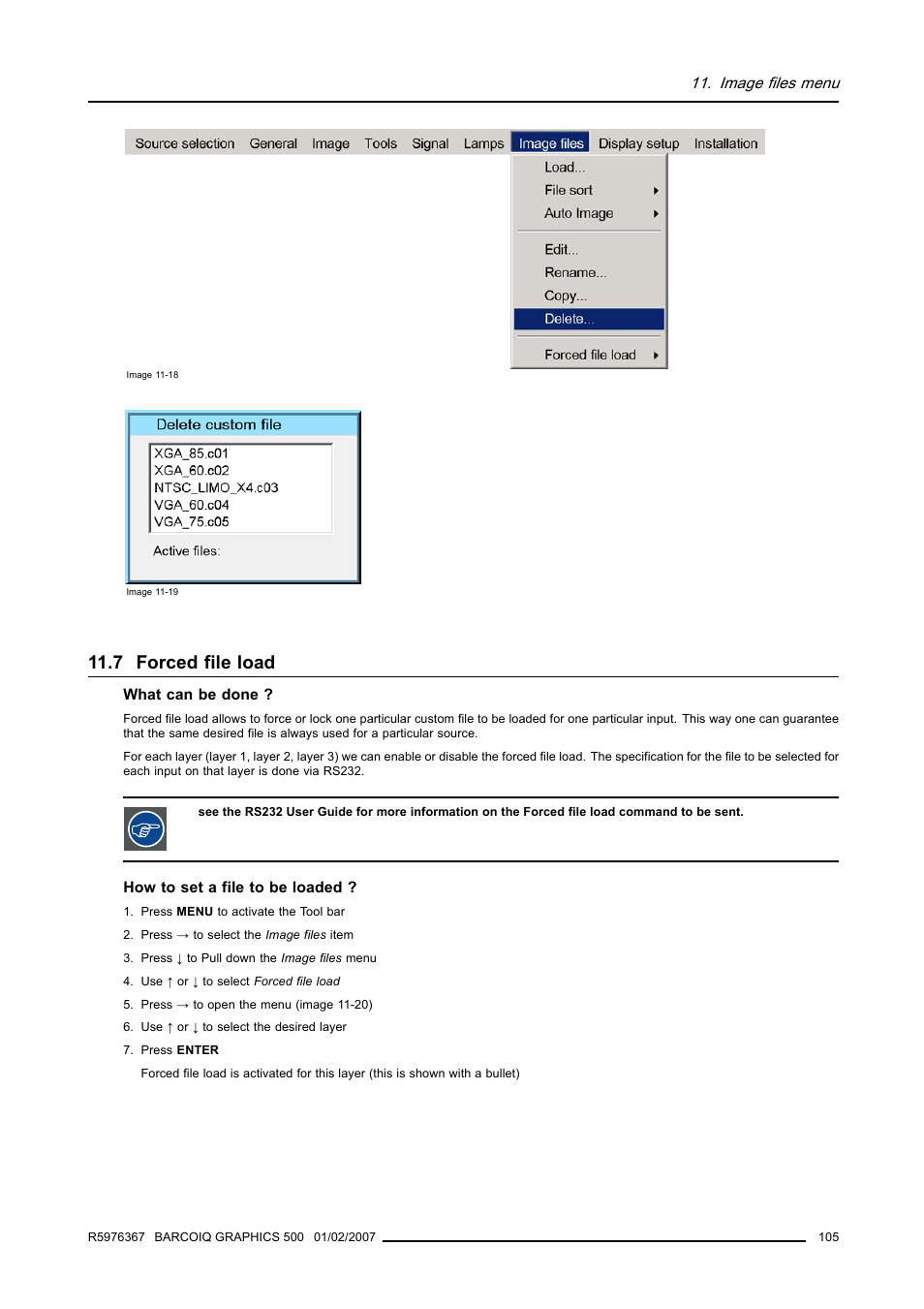 7 forced file load, Forced file load | Barco GRAPHICS 500 R9002930 User Manual | Page 109 / 143