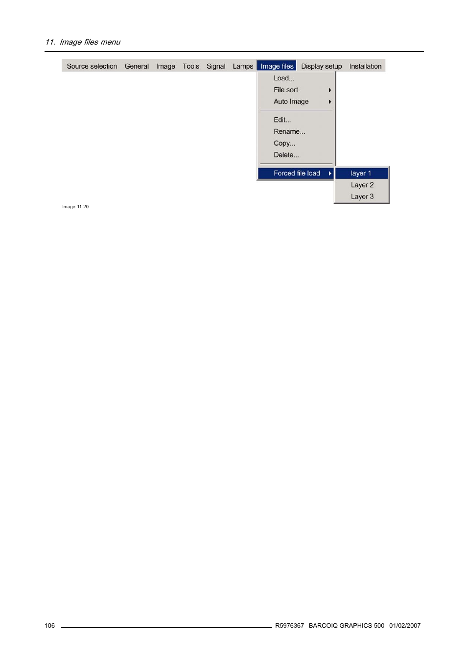 Image files menu | Barco GRAPHICS 500 R9002930 User Manual | Page 110 / 143