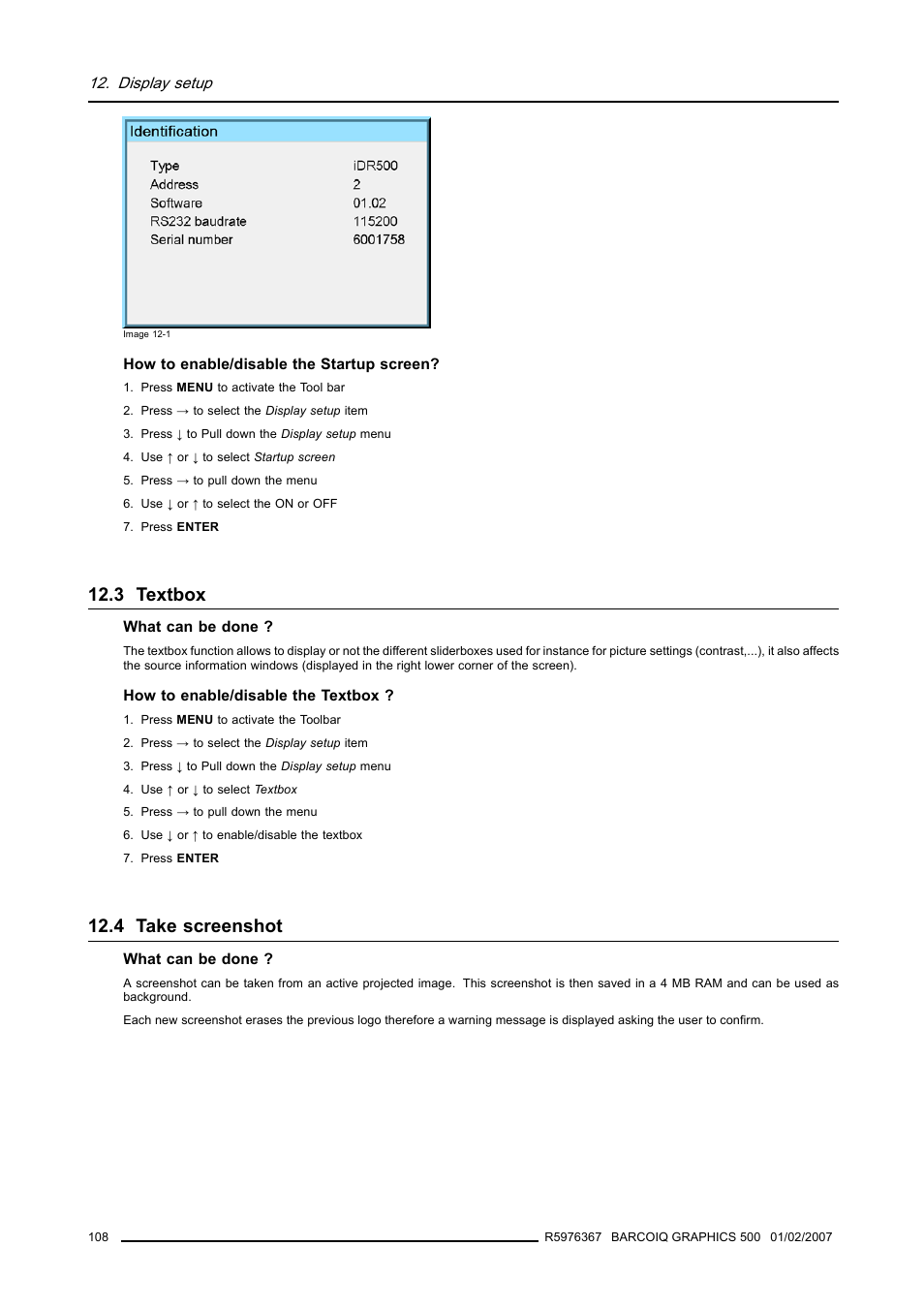 3 textbox, 4 take screenshot, 108 12.4 take screenshot | Textbox, Take screenshot | Barco GRAPHICS 500 R9002930 User Manual | Page 112 / 143