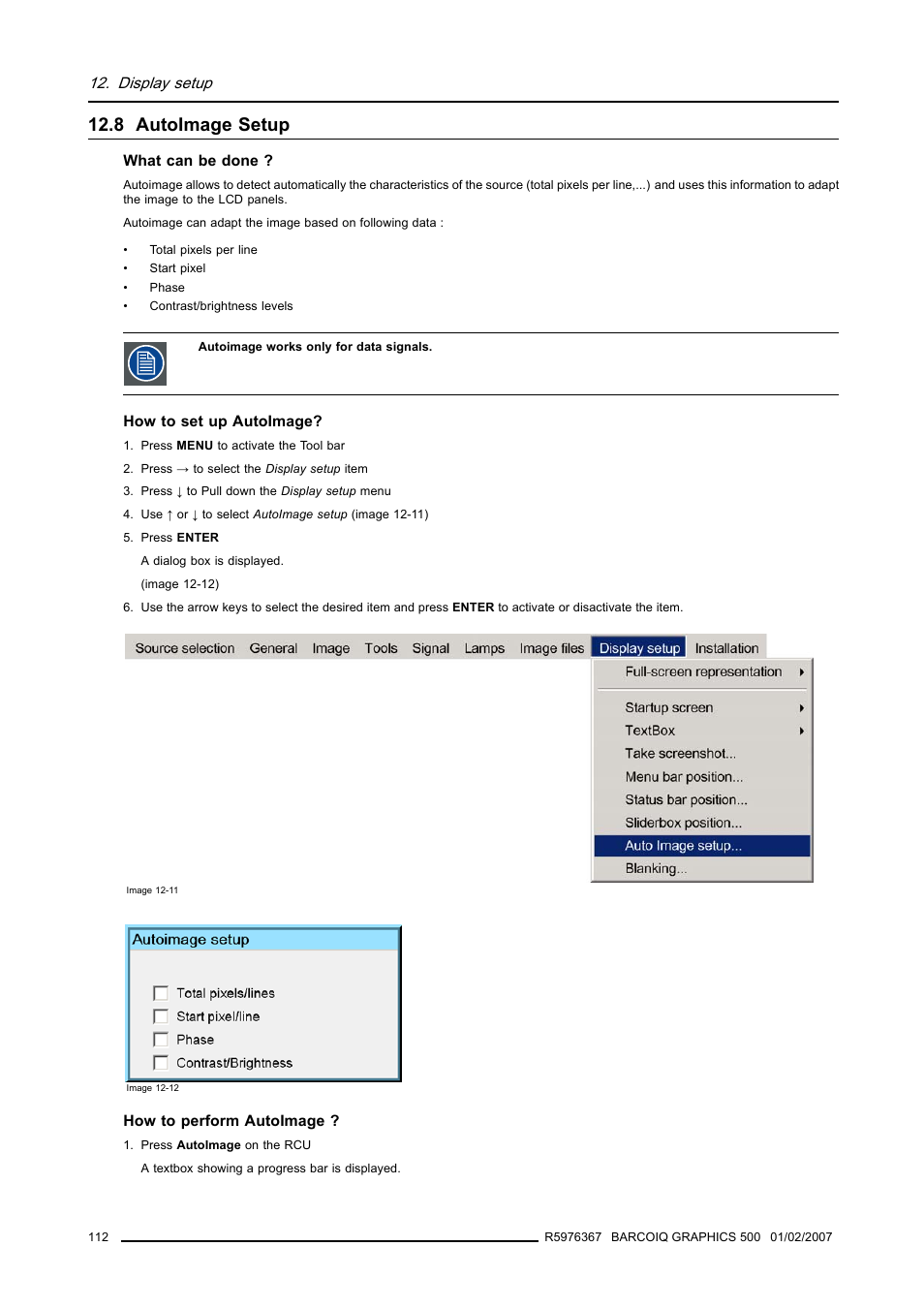 8 autoimage setup, Autoimage setup, Display setup | Barco GRAPHICS 500 R9002930 User Manual | Page 116 / 143