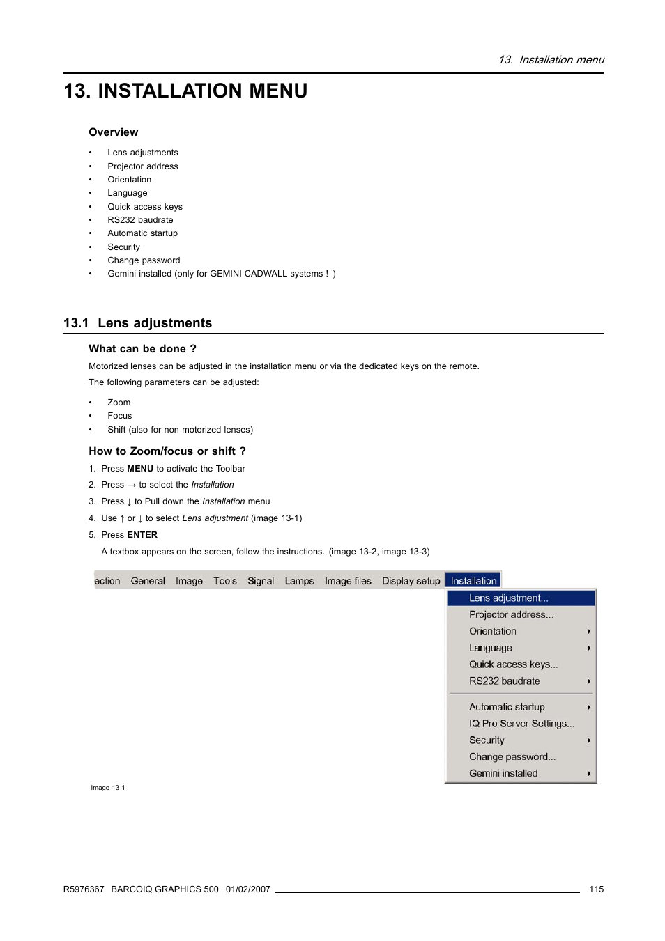 Installation menu, 1 lens adjustments | Barco GRAPHICS 500 R9002930 User Manual | Page 119 / 143
