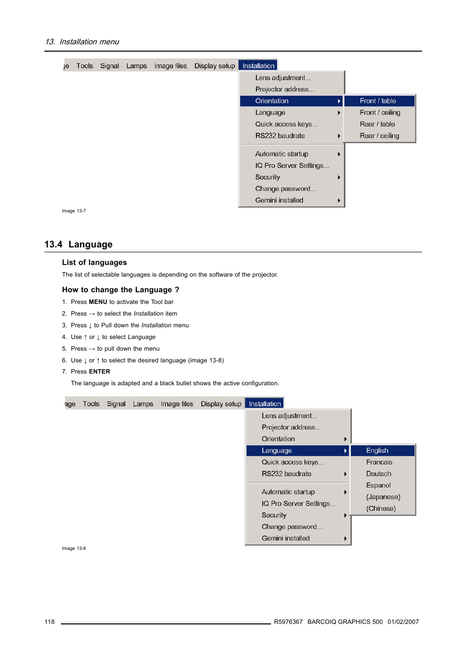 4 language, Language | Barco GRAPHICS 500 R9002930 User Manual | Page 122 / 143