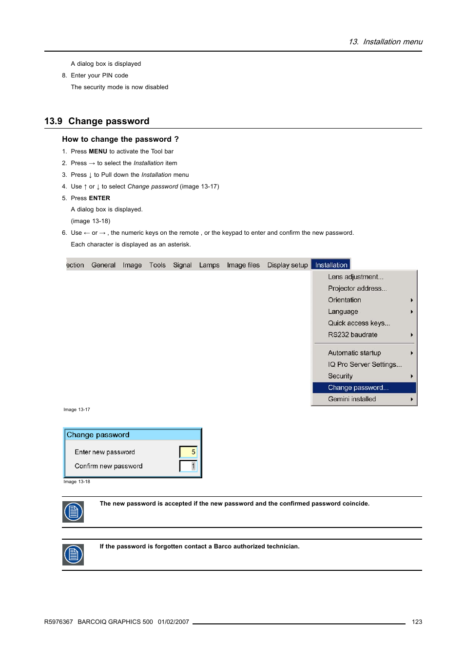 9 change password, Change password, Installation menu | Barco GRAPHICS 500 R9002930 User Manual | Page 127 / 143