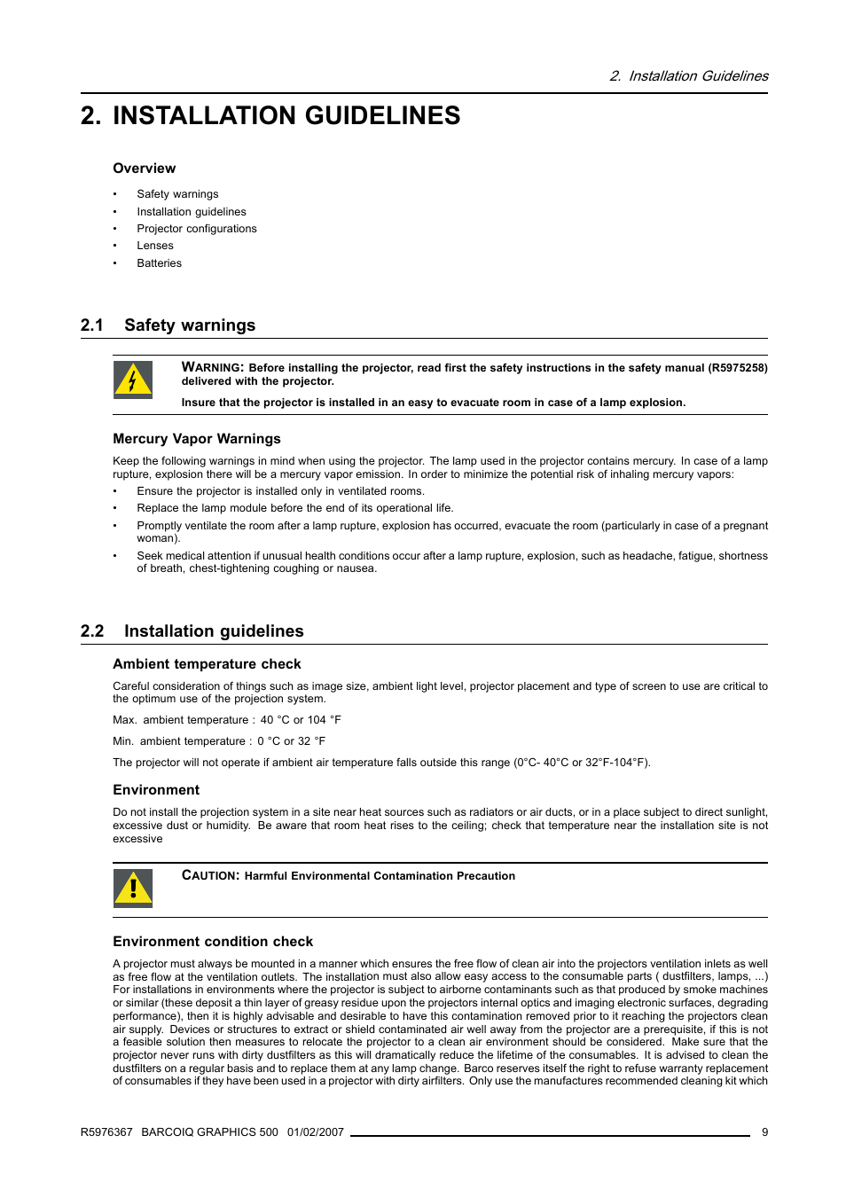 Installation guidelines, 1 safety warnings, 2 installation guidelines | Safety warnings | Barco GRAPHICS 500 R9002930 User Manual | Page 13 / 143