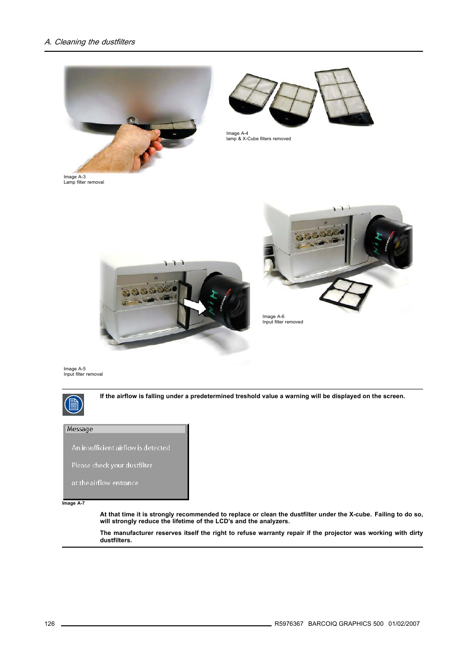 Image a-3, image a-4, Image a-5), Image a-6 | A. cleaning the dustfilters | Barco GRAPHICS 500 R9002930 User Manual | Page 130 / 143