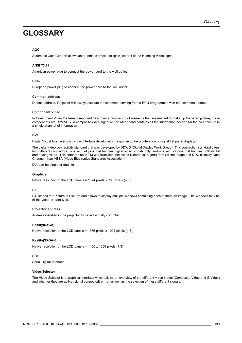 Glossary | Barco GRAPHICS 500 R9002930 User Manual | Page 137 / 143