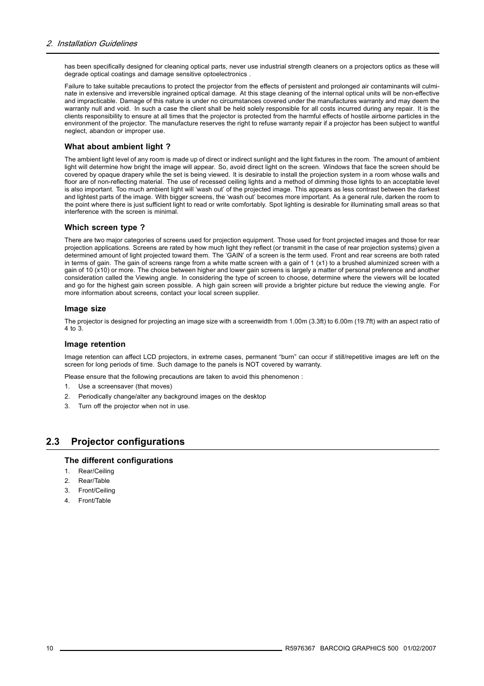 3 projector configurations, Projector configurations | Barco GRAPHICS 500 R9002930 User Manual | Page 14 / 143