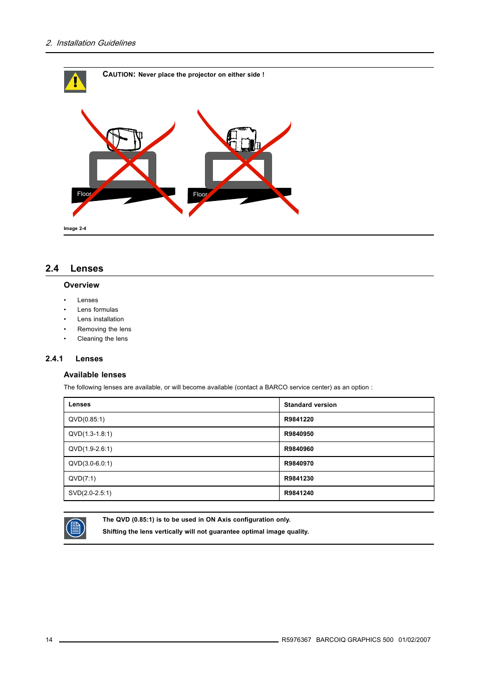 4 lenses, 1 lenses, Lenses | Barco GRAPHICS 500 R9002930 User Manual | Page 18 / 143