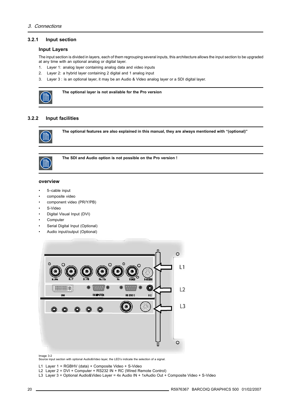 1 input section, 2 input facilities, Input section | Input facilities, Connections | Barco GRAPHICS 500 R9002930 User Manual | Page 24 / 143