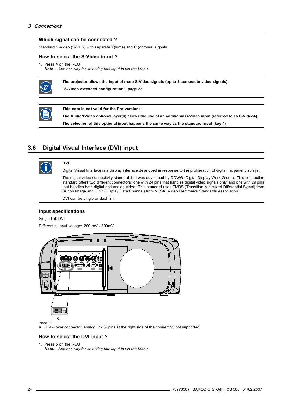 6 digital visual interface (dvi) input, Digital visual interface (dvi) input | Barco GRAPHICS 500 R9002930 User Manual | Page 28 / 143
