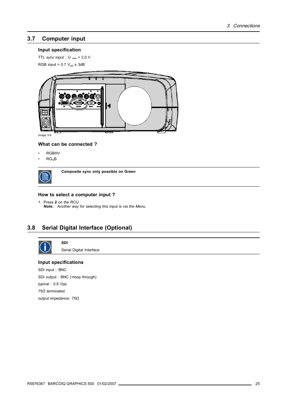 7 computer input, 8 serial digital interface (optional), Computer input | Serial digital interface (optional) | Barco GRAPHICS 500 R9002930 User Manual | Page 29 / 143