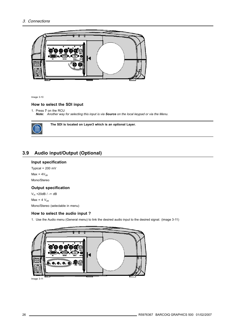 9 audio input/output (optional), Audio input/output (optional), Connections | Barco GRAPHICS 500 R9002930 User Manual | Page 30 / 143