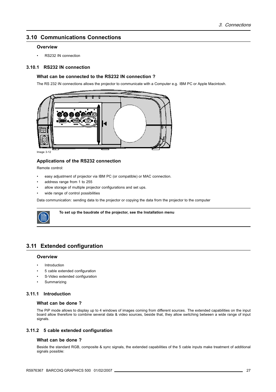 10 communications connections, 1 rs232 in connection, 11 extended configuration | 1 introduction, 2 5 cable extended configuration, 27 3.11.2 5 cable extended configuration, Communications connections, Extended configuration | Barco GRAPHICS 500 R9002930 User Manual | Page 31 / 143