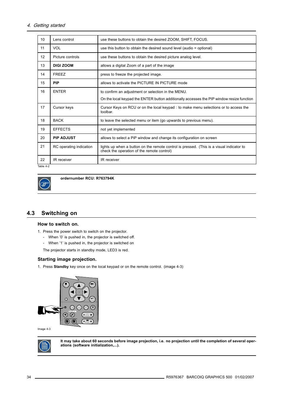 3 switching on, Switching on, Getting started | How to switch on, Starting image projection | Barco GRAPHICS 500 R9002930 User Manual | Page 38 / 143