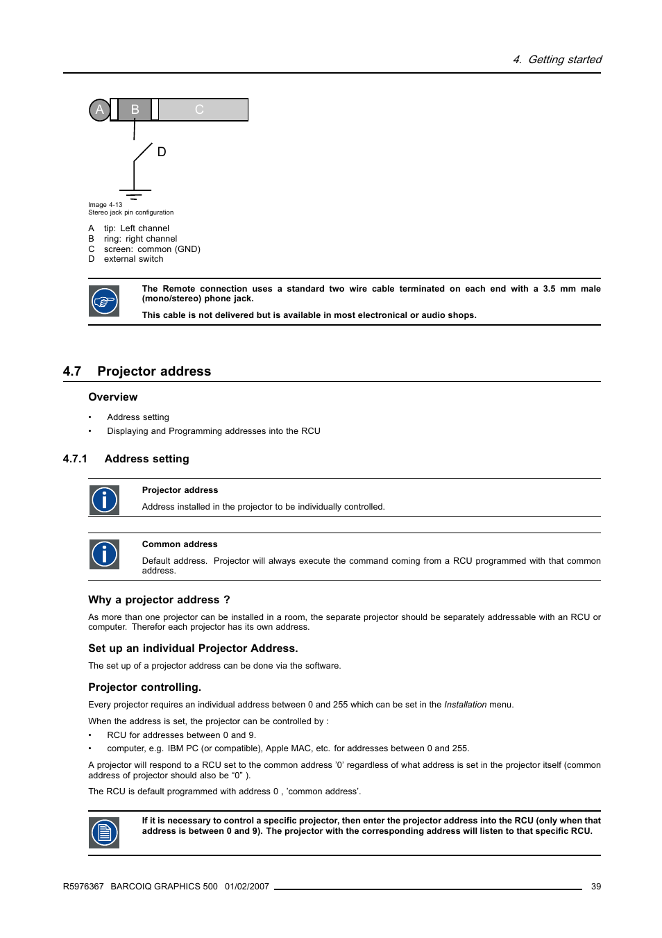 7 projector address, 1 address setting, Projector address | Address setting, Ab c d | Barco GRAPHICS 500 R9002930 User Manual | Page 43 / 143