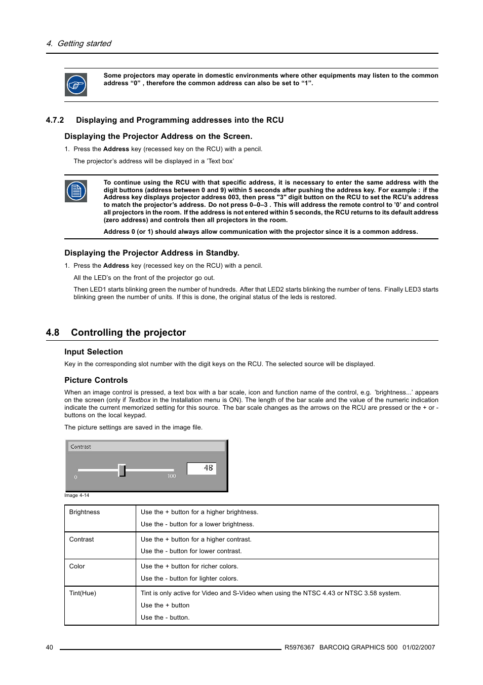 8 controlling the projector, Displaying and programming addresses into the rcu, Controlling the projector | Barco GRAPHICS 500 R9002930 User Manual | Page 44 / 143