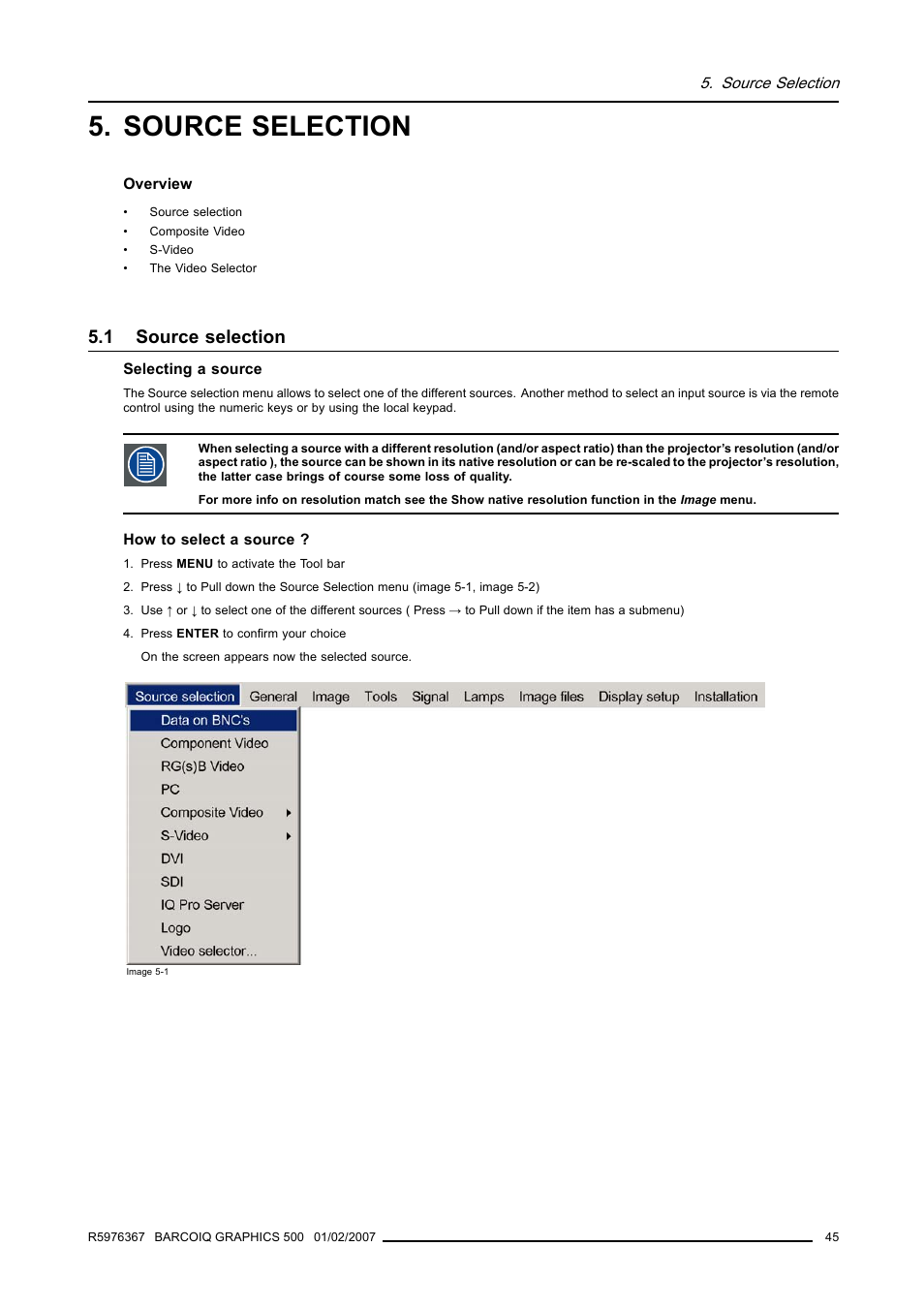 Source selection, 1 source selection | Barco GRAPHICS 500 R9002930 User Manual | Page 49 / 143